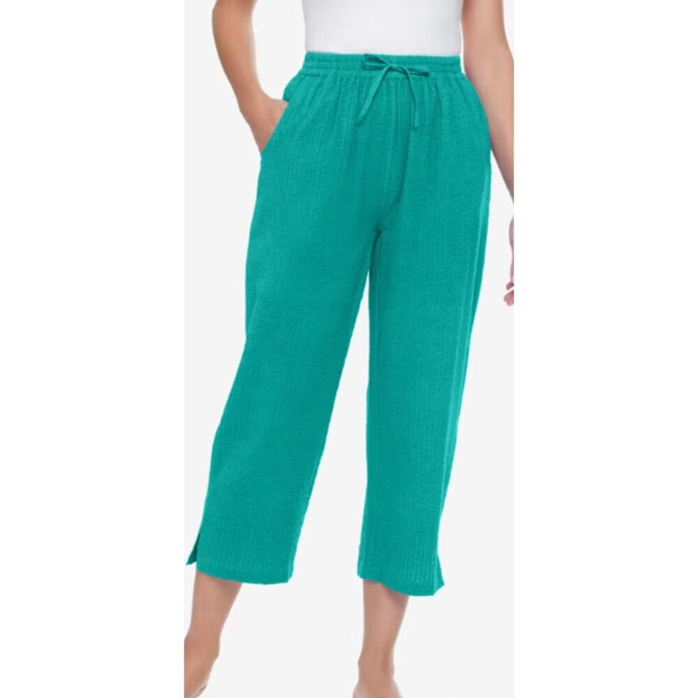 Woman Within Seersucker Pull On Drawstring Capri Pants Waterfall 30W Petite